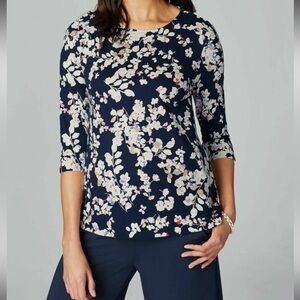 J. Jill Women’s M Multi Black Pink Floral Print Ballet Sleeve Stretch Top in EUC